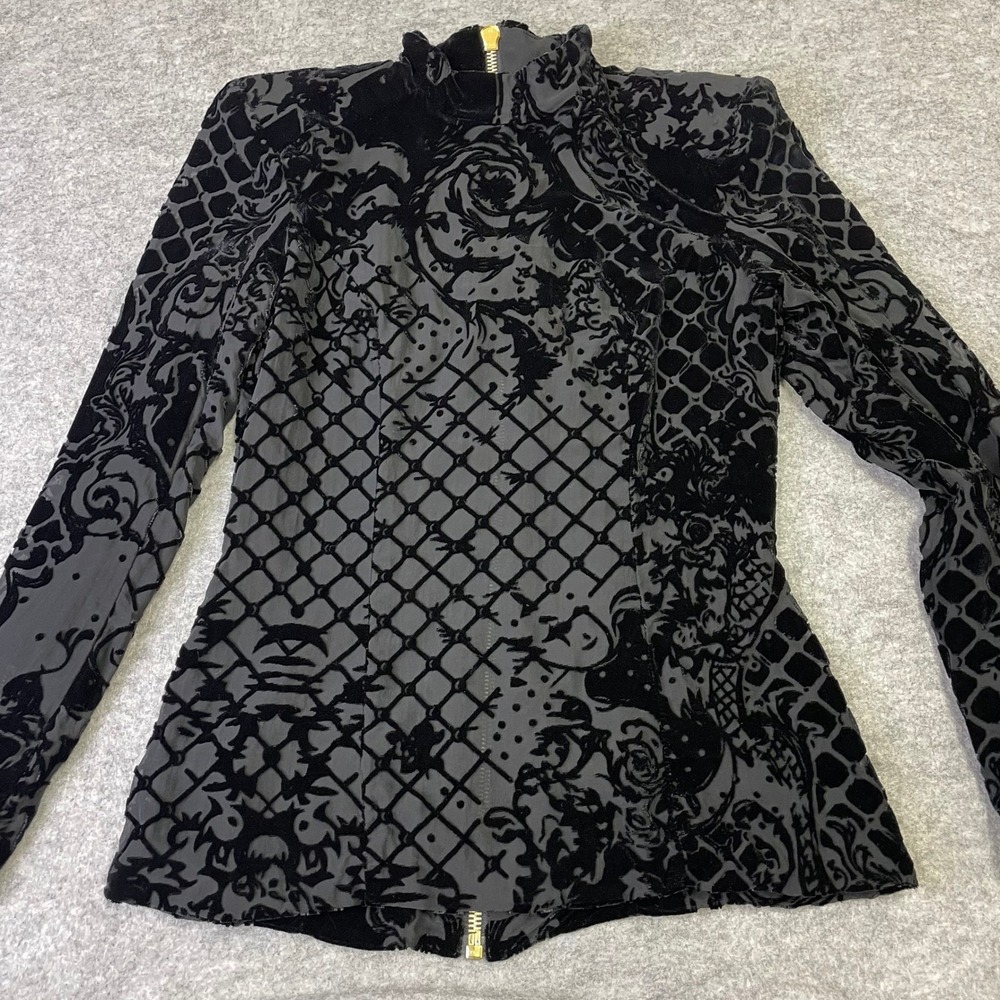 Balmain x HM 2015 Black Silk Burnout Velvet Mock Neck Top Gold Zip Size 8 - Picture 6 of 16